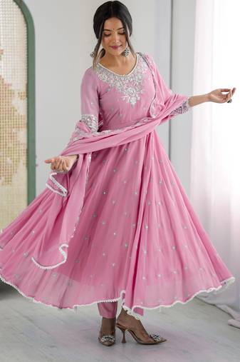 Pink festive wear designer heavy blooming faux georgette embroidery sequence with moti work readymade suit