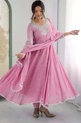 Pink festive wear designer heavy blooming faux georgette embroidery sequence with moti work readymade suit