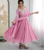 Pink festive wear designer heavy blooming faux georgette embroidery sequence with moti work readymade suit