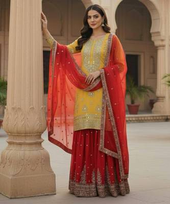 Yellow festive wear designer pure heavy georgette embroidery sequence work readymade suit 2