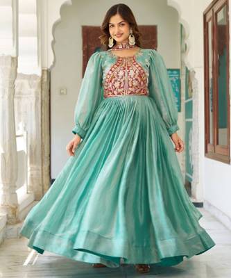 Sky blue festive wear designer fendy silk heavy sequence & thread embroidery work readymade suit 1