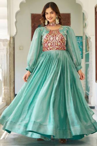 Sky blue festive wear designer fendy silk heavy sequence & thread embroidery work readymade suit