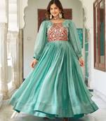 Sky blue festive wear designer fendy silk heavy sequence & thread embroidery work readymade suit