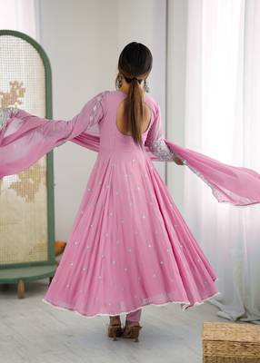 Pink festive wear designer heavy blooming faux georgette embroidery sequence with moti work readymade suit 2