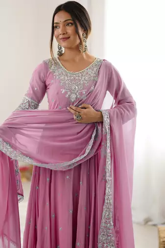 Pink festive wear designer heavy blooming faux georgette embroidery sequence with moti work readymade suit