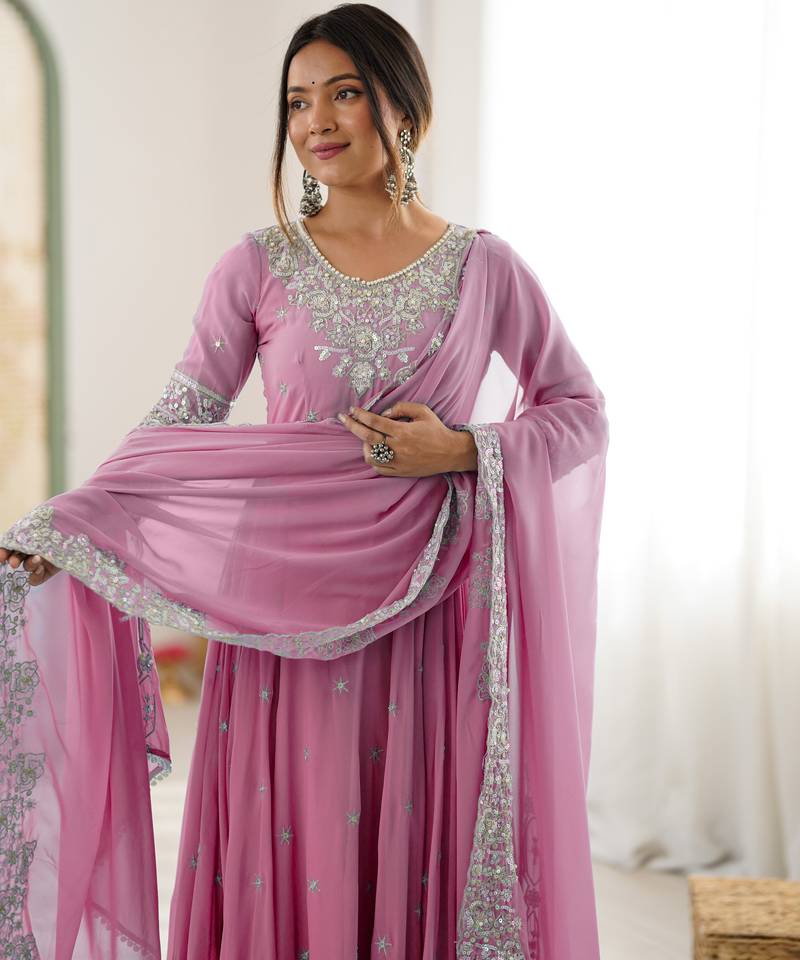 Pink festive wear designer heavy blooming faux georgette embroidery sequence with moti work readymade suit