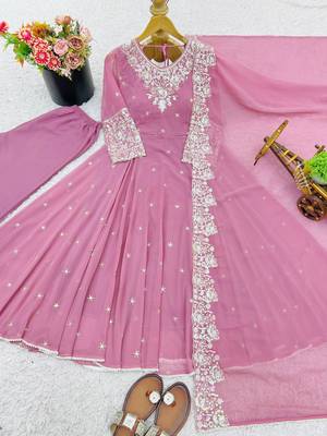 Pink festive wear designer heavy blooming faux georgette embroidery sequence with moti work readymade suit 4