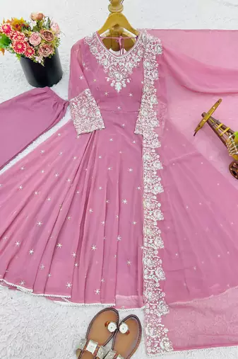 Pink festive wear designer heavy blooming faux georgette embroidery sequence with moti work readymade suit