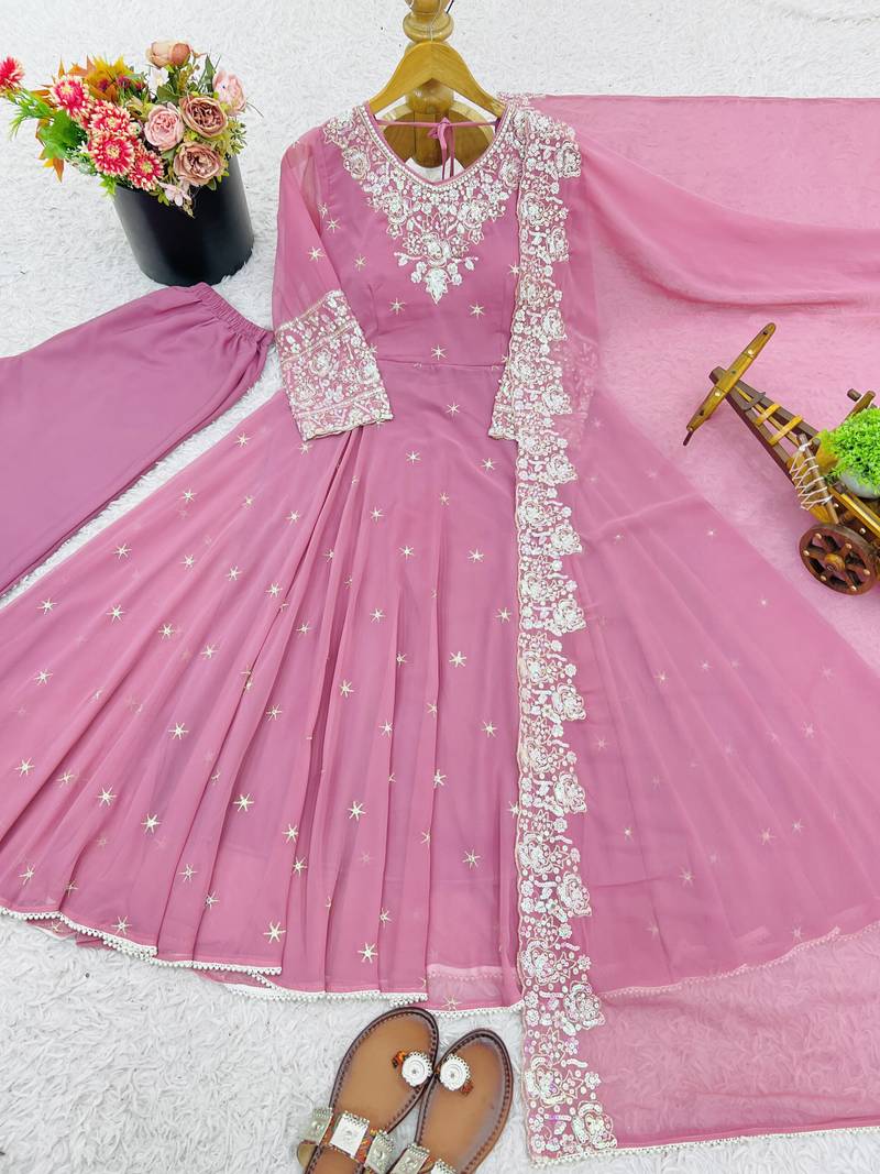 Pink festive wear designer heavy blooming faux georgette embroidery sequence with moti work readymade suit