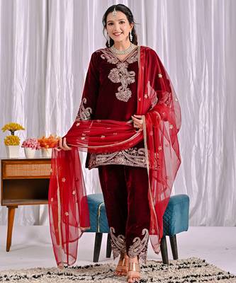 Maroon festive wear designer pure heavy viscose velvet embroidery coding sequence work readymade suit 1