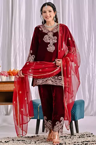 Maroon festive wear designer pure heavy viscose velvet embroidery coding sequence work readymade suit