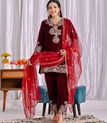 Maroon festive wear designer pure heavy viscose velvet embroidery coding sequence work readymade suit