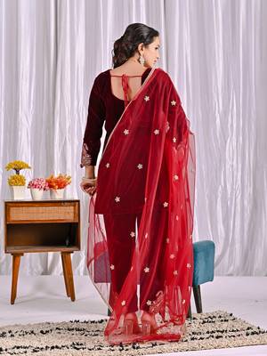 Maroon festive wear designer pure heavy viscose velvet embroidery coding sequence work readymade suit 2