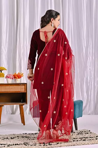 Maroon festive wear designer pure heavy viscose velvet embroidery coding sequence work readymade suit