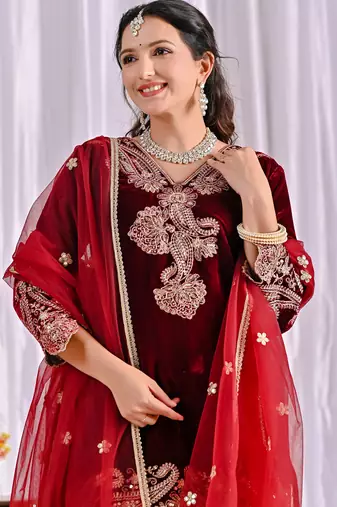 Maroon festive wear designer pure heavy viscose velvet embroidery coding sequence work readymade suit