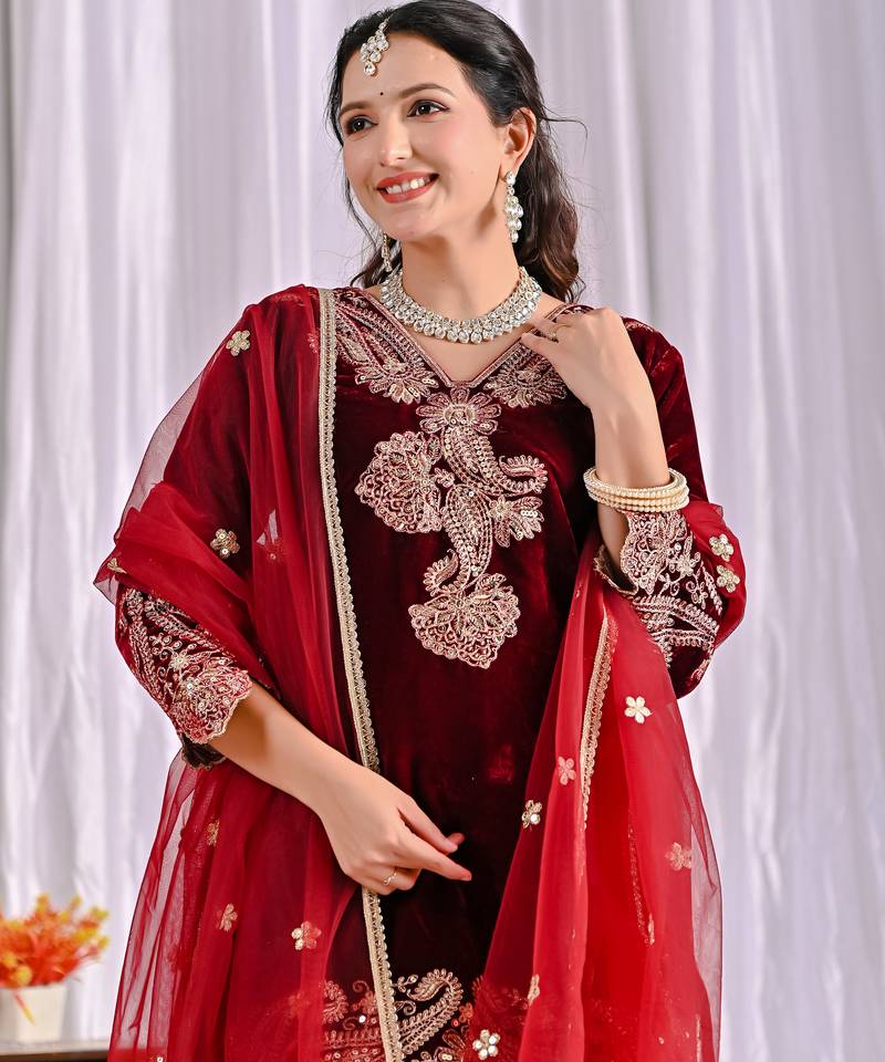 Maroon festive wear designer pure heavy viscose velvet embroidery coding sequence work readymade suit