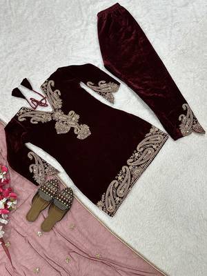 Maroon festive wear designer pure heavy viscose velvet embroidery coding sequence work readymade suit 4