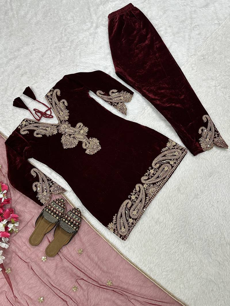 Maroon festive wear designer pure heavy viscose velvet embroidery coding sequence work readymade suit