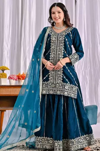 Teal festive wear designer pure heavy viscose velvet heavy embroidery sequence work readymade suit