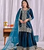 Teal festive wear designer pure heavy viscose velvet heavy embroidery sequence work readymade suit