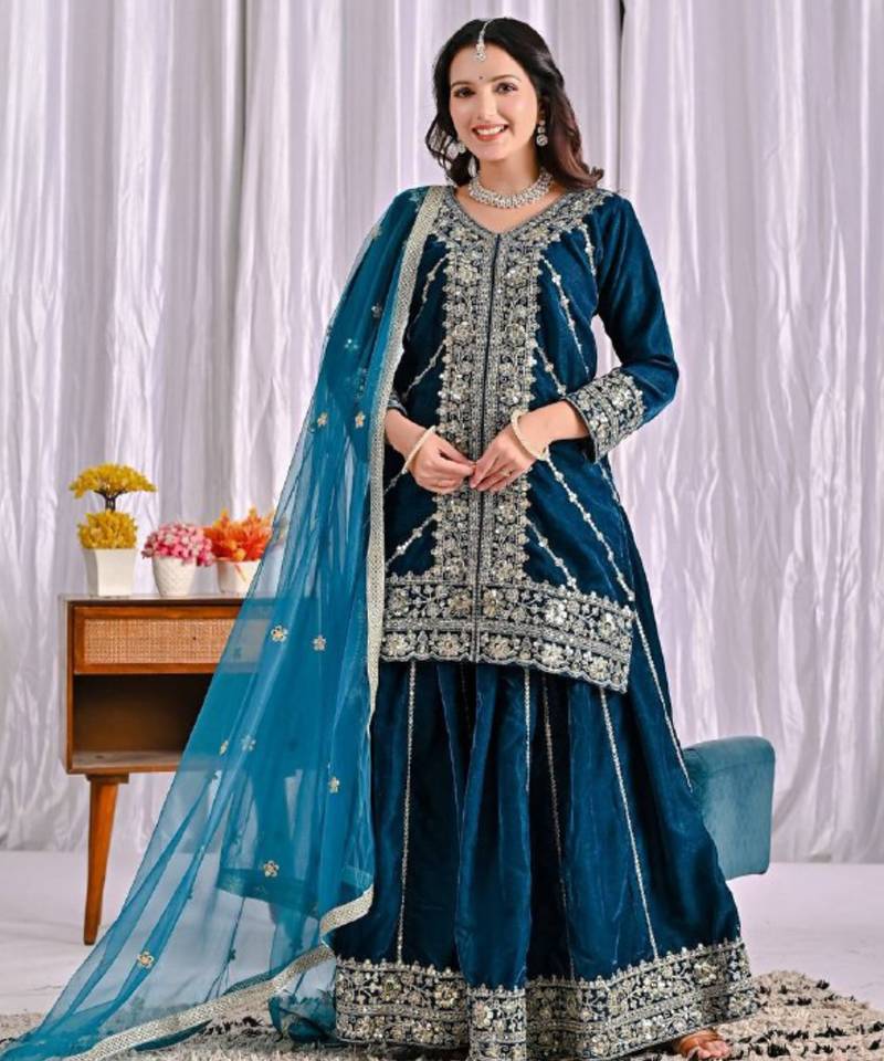 Teal festive wear designer pure heavy viscose velvet heavy embroidery sequence work readymade suit