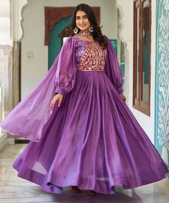 Lavender festive wear designer fendy silk heavy sequence & thread embroidery work readymade suit 1