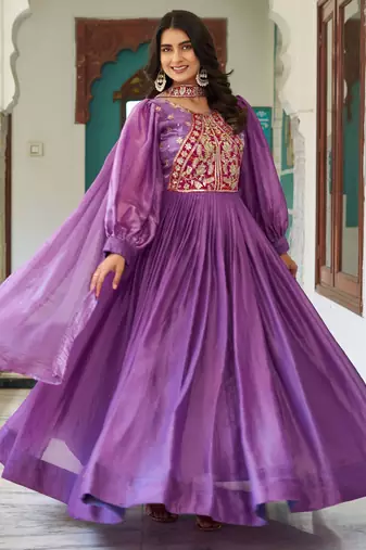 Lavender festive wear designer fendy silk heavy sequence & thread embroidery work readymade suit