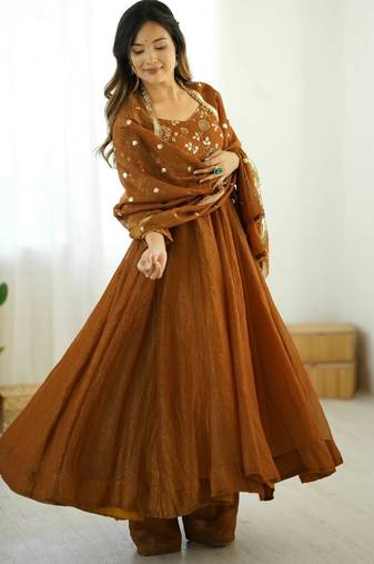 Mustard festive wear designer crunchy silk embroidery work readymade suit