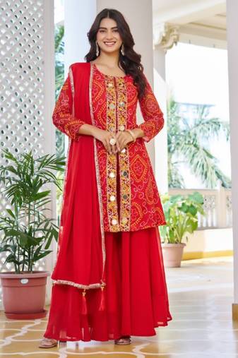 Red festive wear designer fox georgette mirror with thread with bids look embroidery work readymade suit