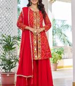 Red festive wear designer fox georgette mirror with thread with bids look embroidery work readymade suit