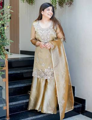 Beige festive wear designer pure jimmy choo silk embroidery sequence work readymade suit 2