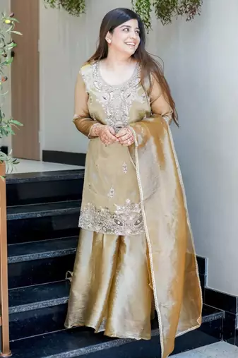 Beige festive wear designer pure jimmy choo silk embroidery sequence work readymade suit