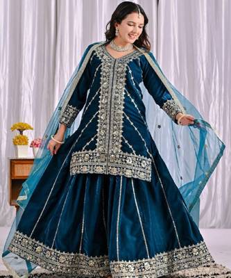 Teal festive wear designer pure heavy viscose velvet heavy embroidery sequence work readymade suit 2