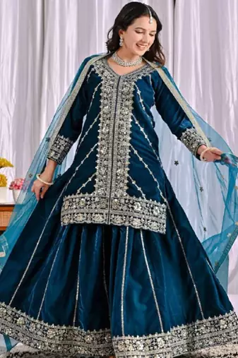 Teal festive wear designer pure heavy viscose velvet heavy embroidery sequence work readymade suit