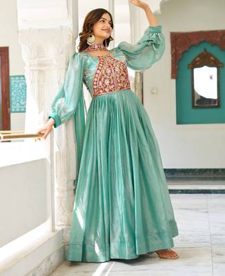 Sky blue festive wear designer fendy silk heavy sequence & thread embroidery work readymade suit 2