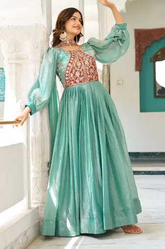 Sky blue festive wear designer fendy silk heavy sequence & thread embroidery work readymade suit