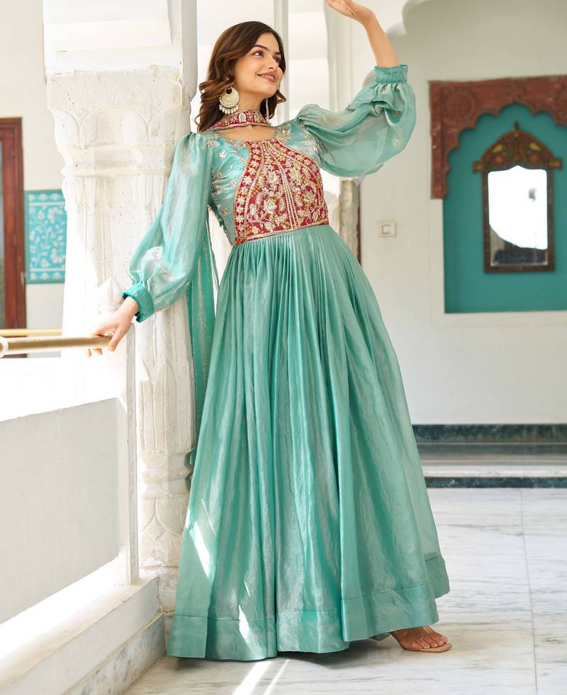 Sky blue festive wear designer fendy silk heavy sequence & thread embroidery work readymade suit