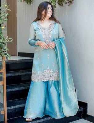 Sky blue festive wear designer pure jimmy choo silk embroidery sequence work readymade suit 2