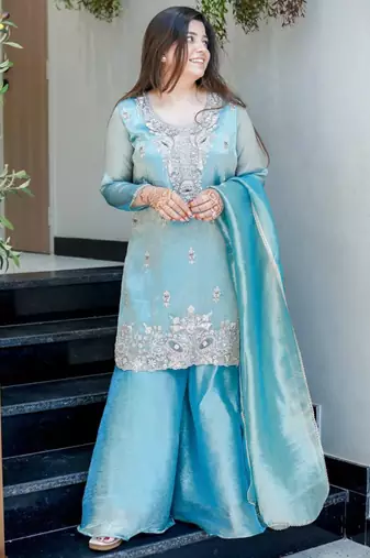 Sky blue festive wear designer pure jimmy choo silk embroidery sequence work readymade suit