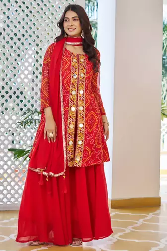 Red festive wear designer fox georgette mirror with thread with bids look embroidery work readymade suit