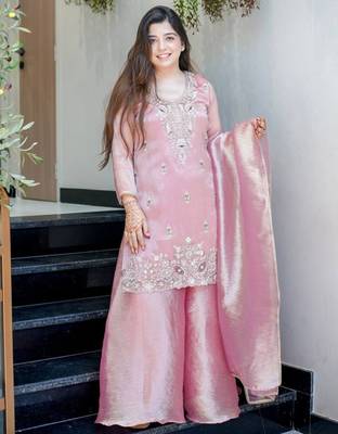 Pink festive wear designer pure jimmy choo silk embroidery sequence work readymade suit 1