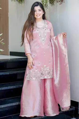 Pink festive wear designer pure jimmy choo silk embroidery sequence work readymade suit