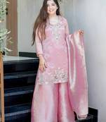 Pink festive wear designer pure jimmy choo silk embroidery sequence work readymade suit