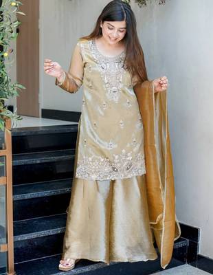 Beige festive wear designer pure jimmy choo silk embroidery sequence work readymade suit 3