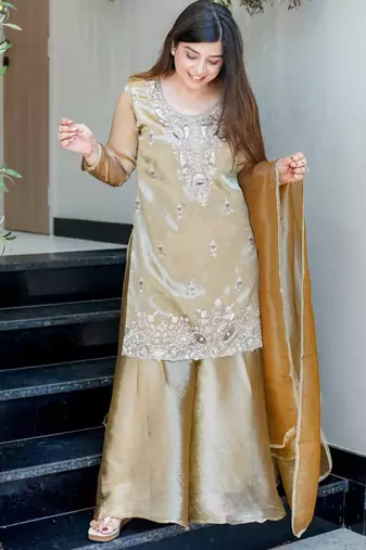 Beige festive wear designer pure jimmy choo silk embroidery sequence work readymade suit