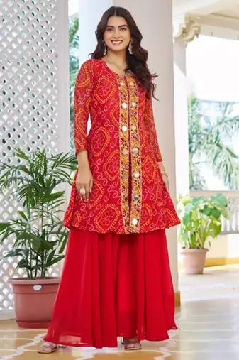 Red festive wear designer fox georgette mirror with thread with bids look embroidery work readymade suit