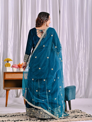 Teal festive wear designer pure heavy viscose velvet heavy embroidery sequence work readymade suit 3