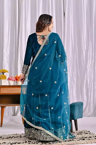 Teal festive wear designer pure heavy viscose velvet heavy embroidery sequence work readymade suit