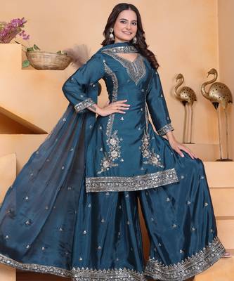 Teal festive wear designer chinon sequence embroidery work readymade suit 1