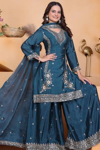 Teal festive wear designer chinon sequence embroidery work readymade suit